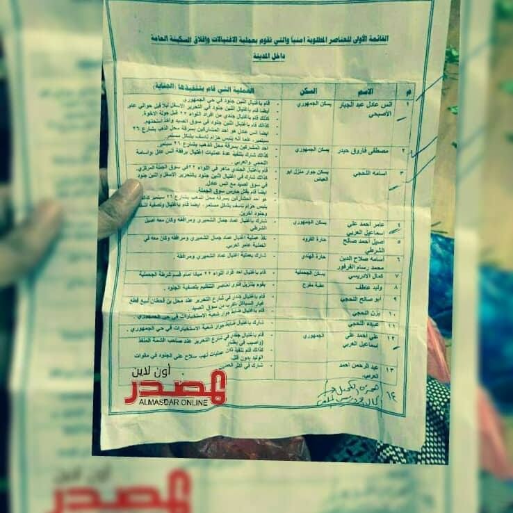 "المصدر أونلاين" يحصل على صورة وثيقة قائمة المطلوبين أمنياً في مدينة تعز 
